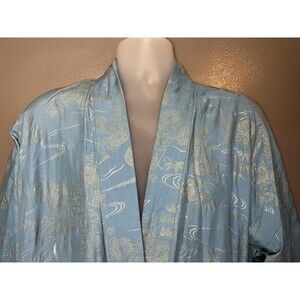 Kimono Robe Womens One Size Blue Gold Floral Print Satin Open Front Long Sleeve